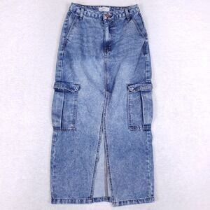 Love Fire Cargo Denim Midi Skirt Womens 1 Front Slit Medium Wash Utility Y2K